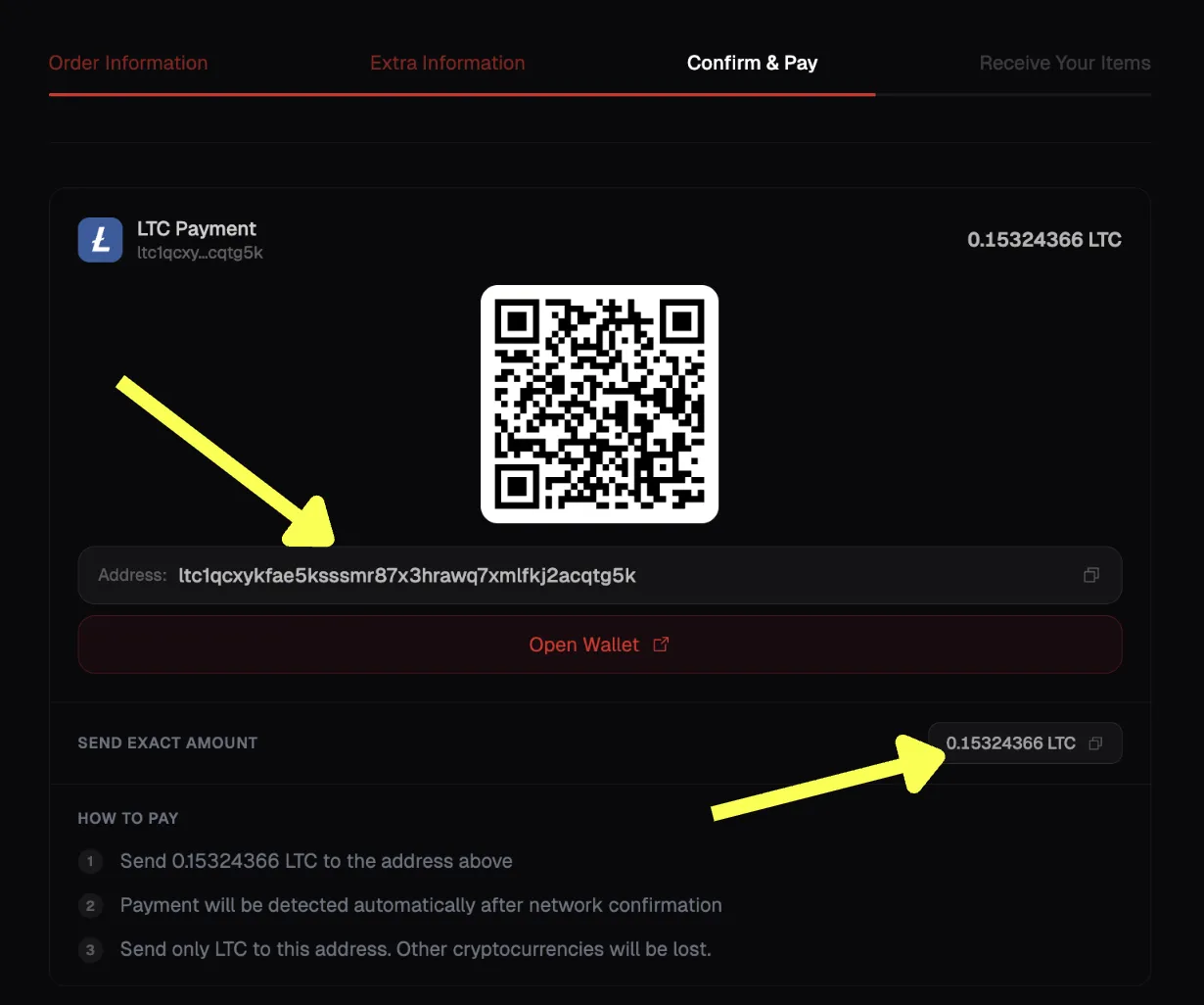 YtVault payment page with QR code, address, and exact crypto amount to send