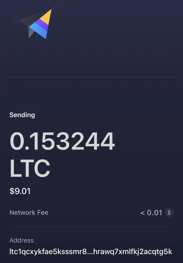 Wallet app sending the exact LTC amount shown on the YtVault payment page
